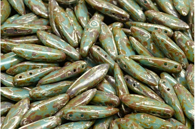 2穴ダガービーズ、ターコイズブルーピカソ(63030-43400)、ガラス、チェコ共和国