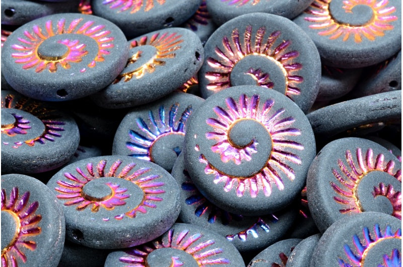 化石シェルビーズ、ブラックスリペリットフル(2Xサイド)マット(23980-29503-84100)、ガラス、チェコ共和国