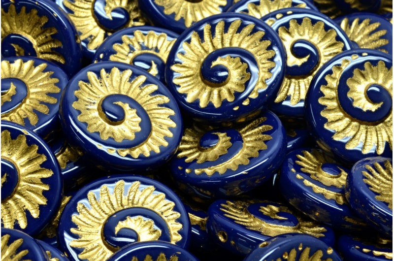 Fossil Shell Beads, Opaque Blue Gold Lined (33400-54302), Glass, Czech Republic