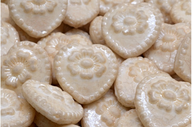 Heart Beads With Rose, White Luster Brown Full Coated (02010-14413), Glass, Czech Republic