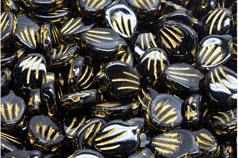 Peony Petal Beads, Black Gold Lined (23980-54302), Glass, Czech Republic