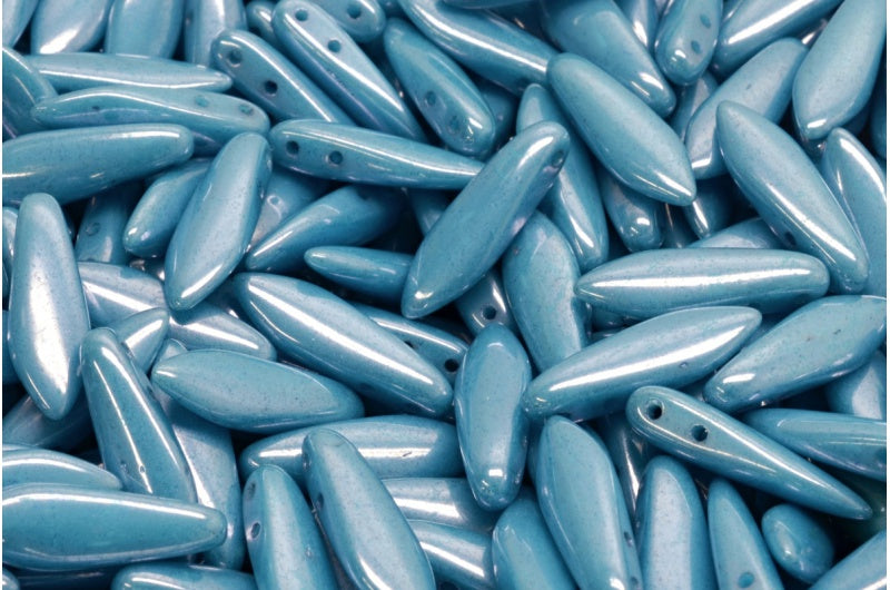 2穴ダガービーズ、ターコイズブルーラスターブルーフルコーティング(63030-14464)、ガラス、チェコ共和国