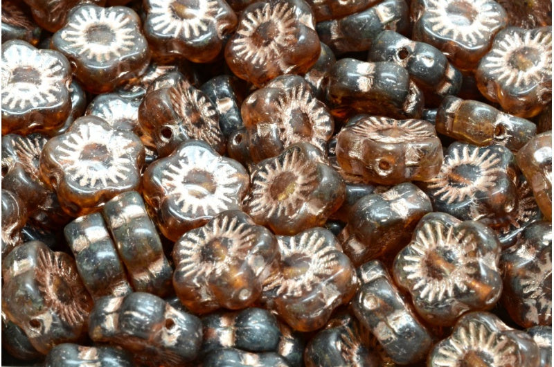 Sunset Flower Beads, R0021 Travertin Copper Lined (R0021-86800-54324), Glass, Czech Republic