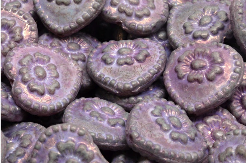 バラ付きハートビーズ、白紫(02010-15726)、ガラス、チェコ共和国