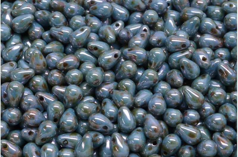ドロップビーズ、ホワイトステイン、ラスターブルー(02010-65431)、ガラス、チェコ共和国
