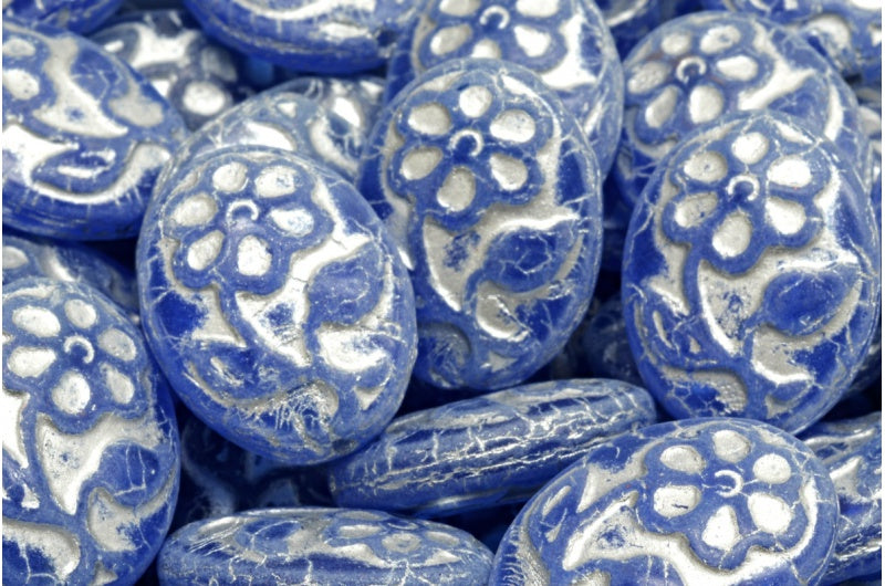 Oval With Flower Beads, Cobalt Silver Lined (30050-54301), Glass, Czech Republic