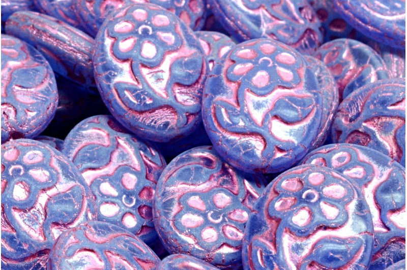 Oval With Flower Beads, Cobalt Pink Lined (30050-54321), Glass, Czech Republic