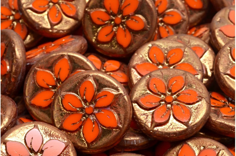 Table Cut Coin Flower Beads, Opaque Yellow Bronze (93120 14415), Glass, Czech Republic