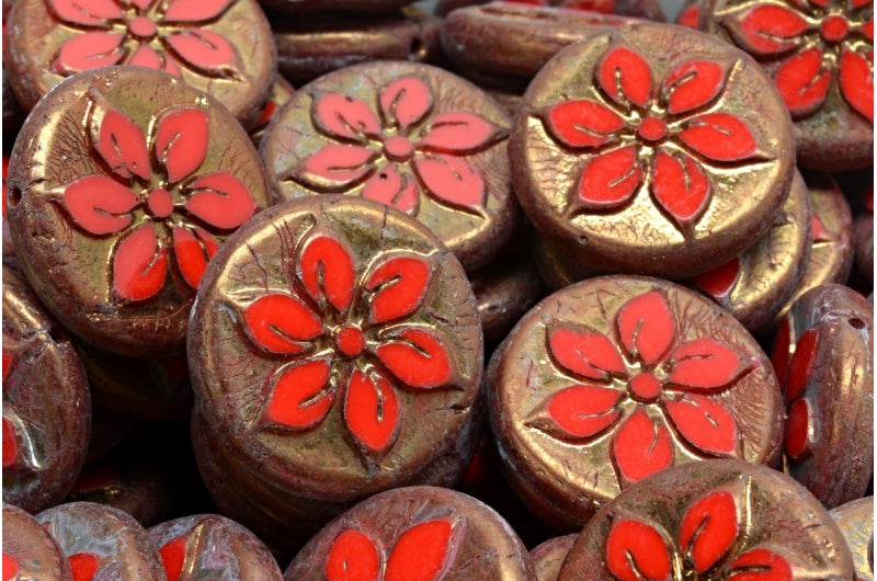 Table Cut Coin Flower Beads, Red Bronze (93180 14415), Glass, Czech Republic
