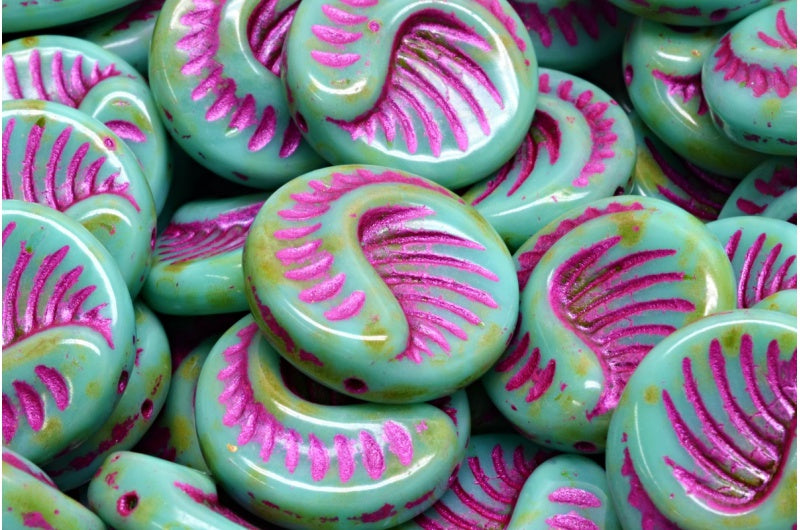 化石コインビーズ、ターコイズトラバーチン 43807 (63130-86800-43807)、ガラス、チェコ共和国