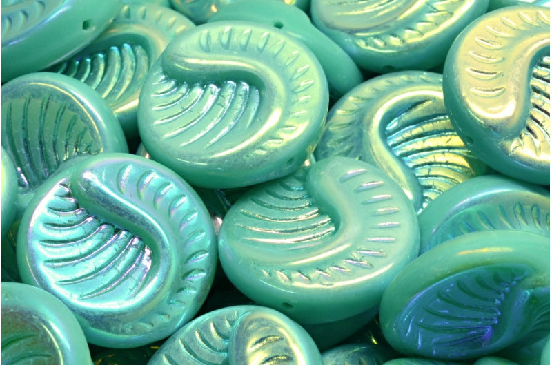 化石コインビーズ、ターコイズABフル(2Xサイド)(63130-28703)、ガラス、チェコ共和国