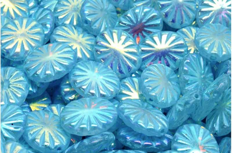 フラットオーバルビーズ、クリスタルアブフル(2Xサイド)ライトブルーライン(00030-28703-54308)、ガラス、チェコ共和国