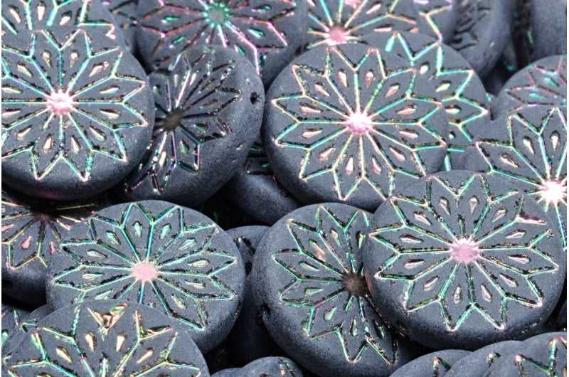 折り紙フラワービーズ、ブラックジェットブラックフルアプリコットマット(23980-29123-84100)、ガラス、チェコ共和国