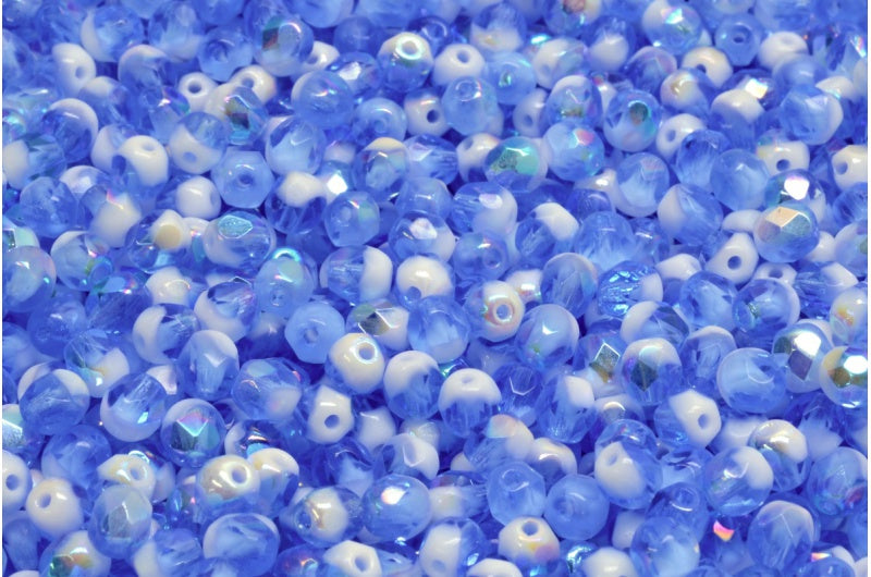 Fire Polished Faceted Beads Round, Chalk White Cobalt Ab (03000-30050-28701), Bohemia Crystal Glass, Czech Republic