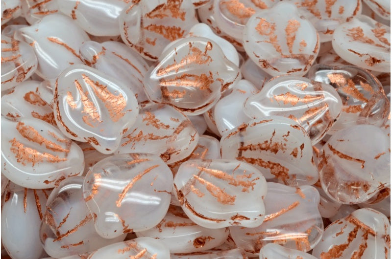 Peony Petal Beads White Copper Lined (R0201-54319), Glass, Czech Republic