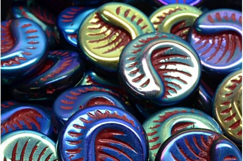 化石コインビーズ、ブラックアブフル(2Xサイド)レッドライン(23980-28703-54310)、ガラス、チェコ共和国