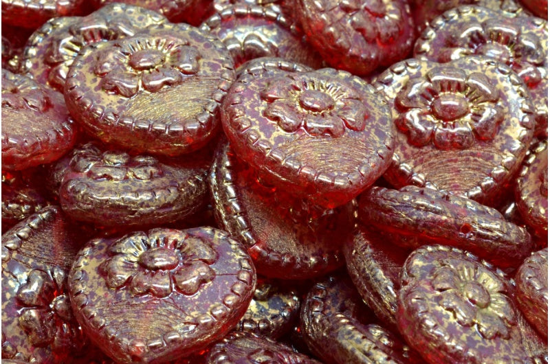 バラ付きハートビーズ、ルビーレッドテラコッタバイオレット(90080-15496)、ガラス、チェコ共和国