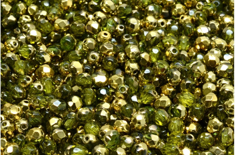 Fire Polished Faceted Beads Round, Transparent Green Gold (50230-26441), Bohemia Crystal Glass, Czech Republic