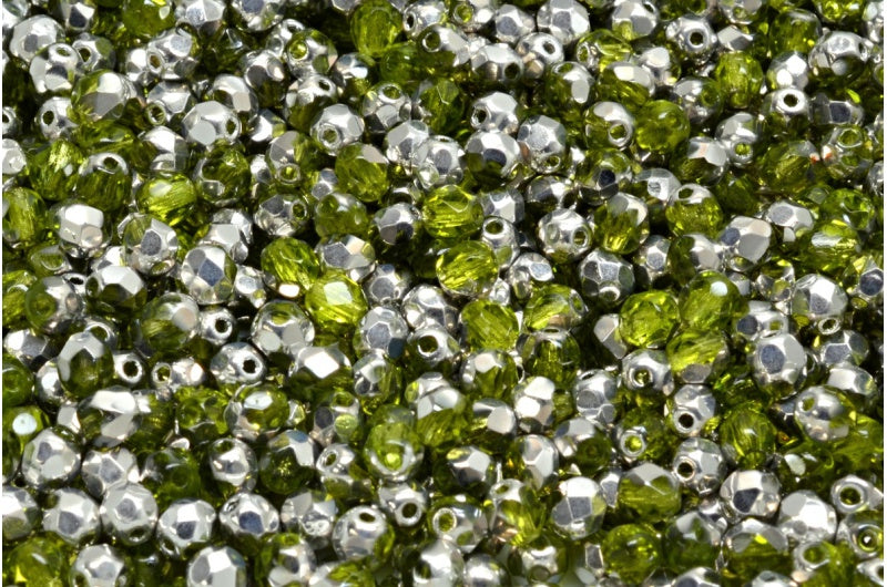 Fire Polished Faceted Beads Round, Transparent Green Crystal Silver Half Coating (50230-27001), Bohemia Crystal Glass, Czech Republic