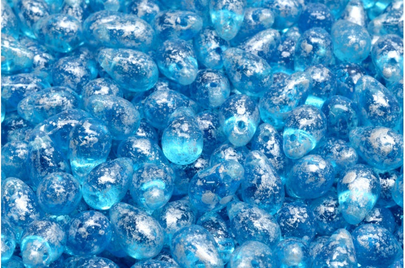 ドロップビーズ、透明アクアシルバースプラッシュ(60020-94400)、ガラス、チェコ共和国