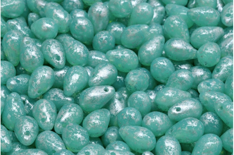 ドロップビーズ、オパールアクアシルバースプラッシュ(61100-94400)、ガラス、チェコ共和国