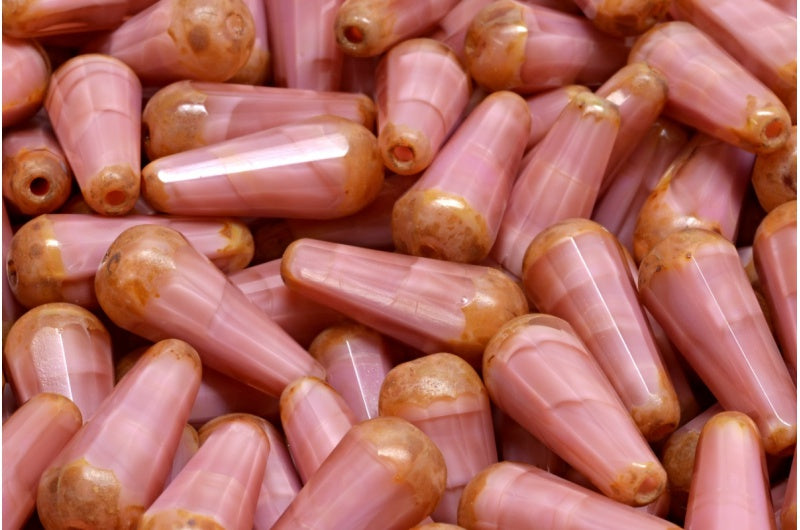 Faceted Fire polished Teardrop Beads, Opaque Pink Travertin (76017-86800), Glass, Czech Republic