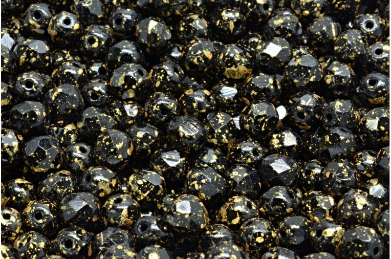 ファセット加工ラウンドビーズ、ブラックゴールドスプラッシュ(23980-94401)、ボヘミアクリスタルガラス、チェコ共和国