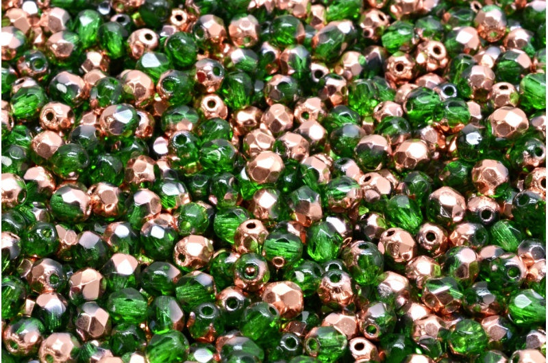 Fire Polished Faceted Beads Round, Transparent Green Rose Gold Capri (50130-27101), Bohemia Crystal Glass, Czech Republic