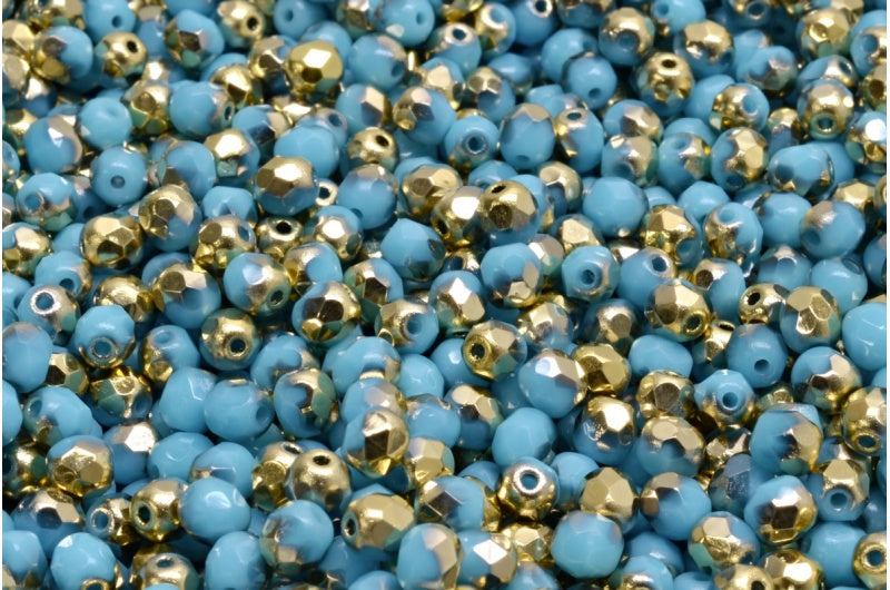 ファセット加工ラウンドビーズ、ターコイズブルーゴールド(63030-26441)、ボヘミアクリスタルガラス、チェコ共和国
