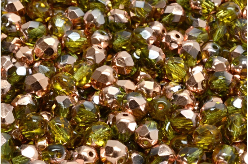 ファセット加工ビーズ ラウンド、透明グリーンローズゴールドカプリ(50220-27101)、ボヘミアクリスタルガラス、チェコ共和国