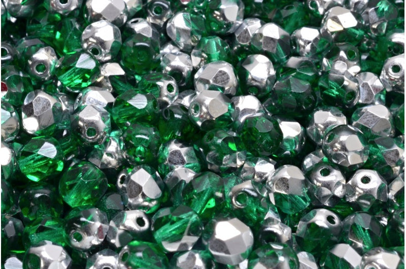 Fire Polished Faceted Beads Round, Transparent Green Emerald Crystal Silver Half Coating (50720-27001), Bohemia Crystal Glass, Czech Republic