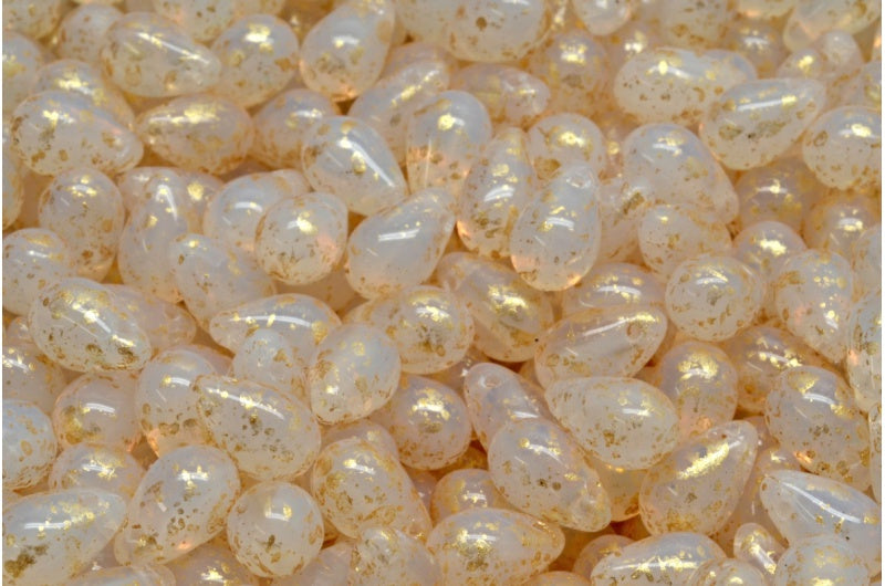 ドロップビーズ、オパールホワイトゴールドスプラッシュ(01000-94401)、ガラス、チェコ共和国