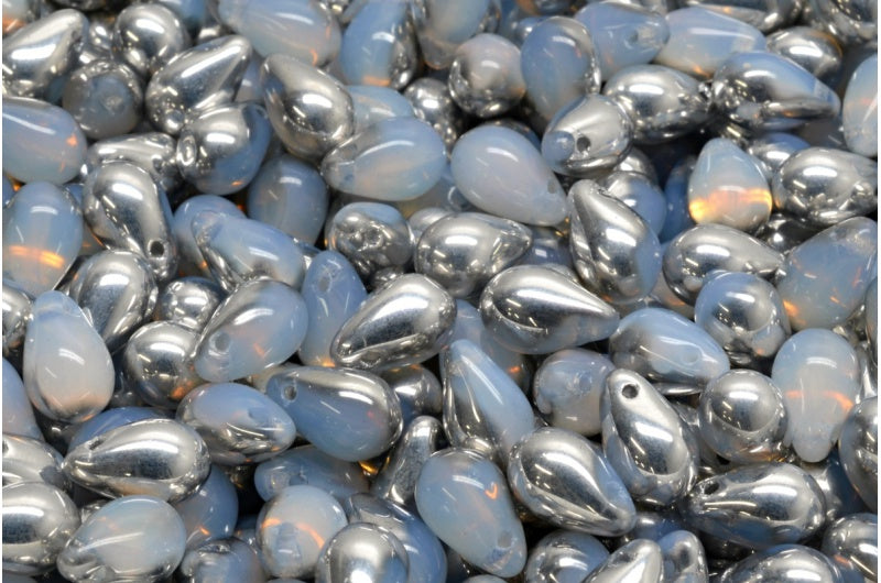 ドロップビーズ、オパールホワイトクリスタルシルバーハーフコーティング(01000-27001)、ガラス、チェコ共和国