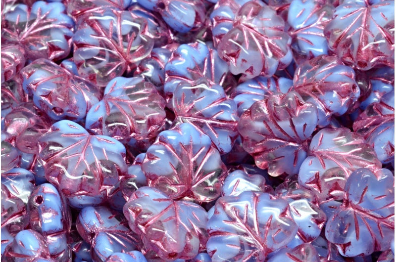 メープルリーフビーズ、ブルーピンクライン(R0342-54321)、ガラス、チェコ共和国