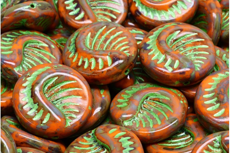 化石コインビーズ、不透明イエロートラバーチン 43813 (93110-86800-43813)、ガラス、チェコ共和国