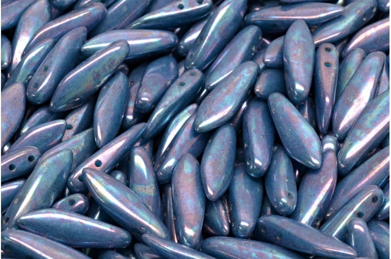 2穴ダガービーズ、ターコイズブルーネビュラ(63030-15001)、ガラス、チェコ共和国