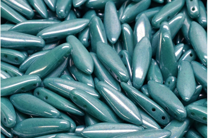 2穴ダガービーズ、ターコイズラスターブルーフルコーティング(63130-14464)、ガラス、チェコ共和国