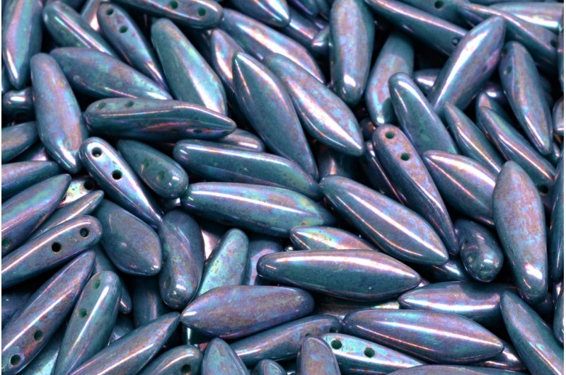 2穴ダガービーズ、ターコイズネビュラ(63130-15001)、ガラス、チェコ共和国