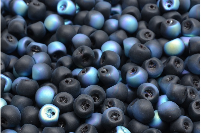 マッシュルームボタンビーズ、ブラックマットAB(23980-84100-28701)、ガラス、チェコ共和国