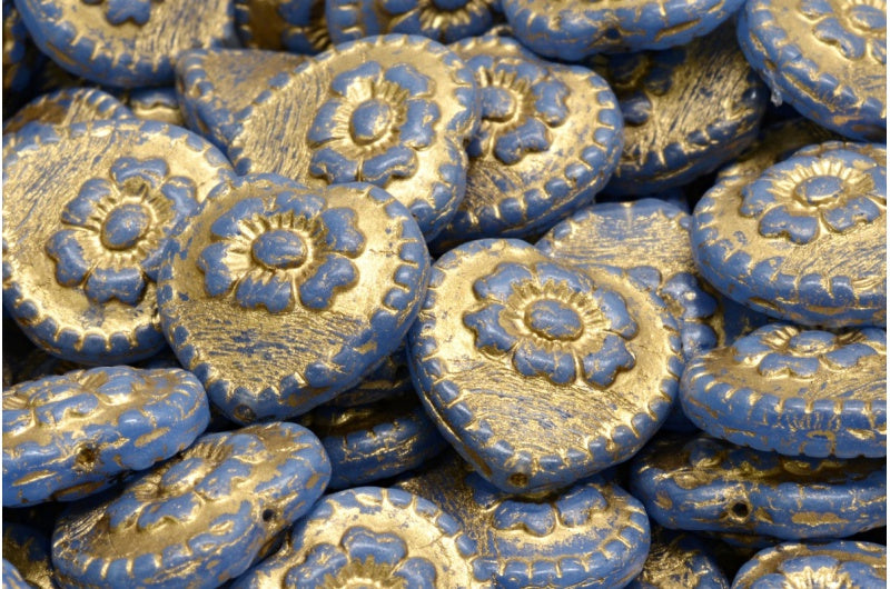 バラ付きハートビーズ、ブルーゴールドライン(62010-54302)、ガラス、チェコ共和国