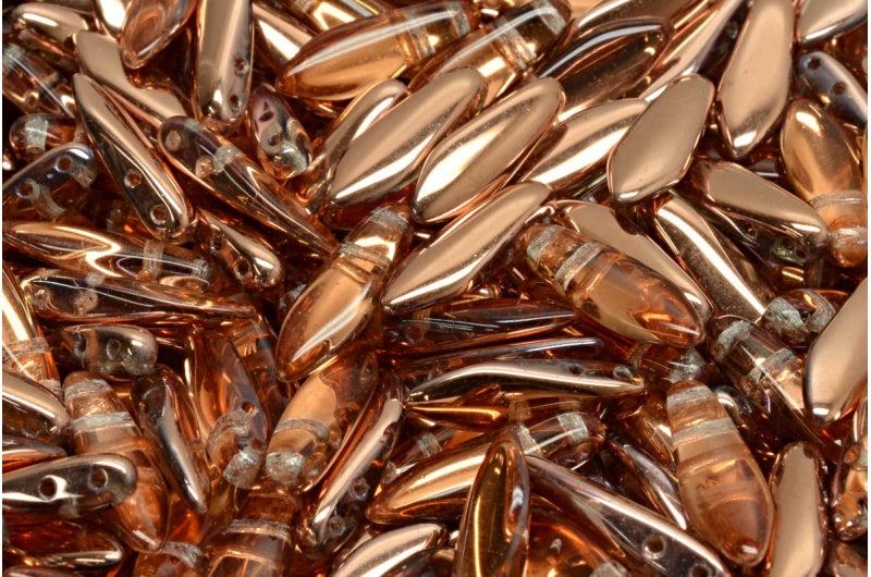 2穴ダガービーズ、クリスタルローズゴールドカプリ(00030-27101)、ガラス、チェコ共和国