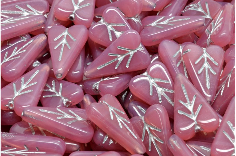 ハートリーフビーズ、オパールピンク、シルバーライン(71010-54301)、ガラス、チェコ共和国