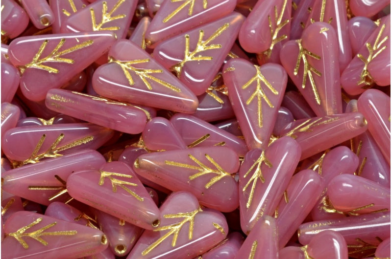 ハートリーフビーズ、オパールピンクゴールドライン(71010-54302)、ガラス、チェコ共和国