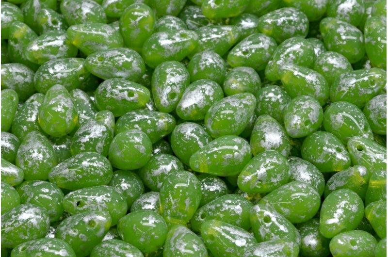 ドロップビーズ、オパールグリーンシルバースプラッシュ(51010-94400)、ガラス、チェコ共和国