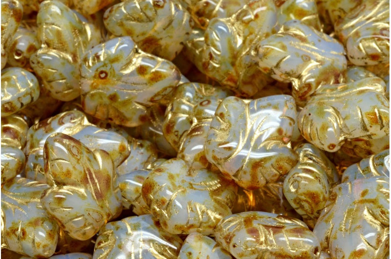 ブドウの葉のビーズ、オパールホワイトトラバーチン、ゴールドライニング(01000-86800-54302)、ガラス、チェコ共和国