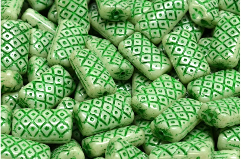 Grid Cushion Beads 13x07mm, White Luster Green Full Coated Green Lined (02010-14457-54315), Glass, Czech Republic