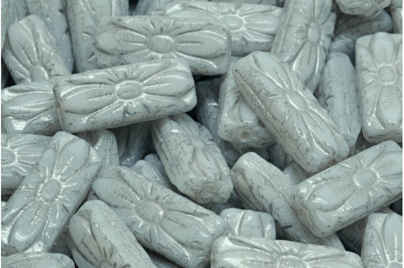 Flower Rectangle Beads, White Opal 54201 (02020-54201), Glass, Czech Republic