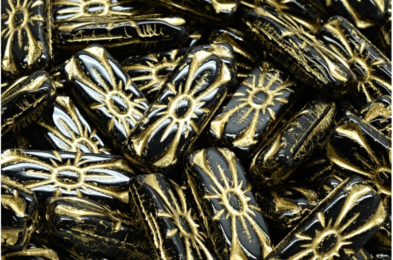 フラワーレクタングルビーズ、ブラックゴールドライン(23980-54202)、ガラス、チェコ共和国