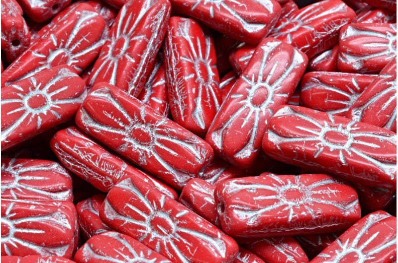 フラワーレクタングルビーズ、不透明レッド 54201 (93210-54201)、ガラス、チェコ共和国