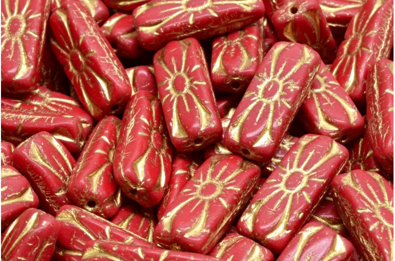 フラワーレクタングルビーズ、不透明レッドゴールドライン(93210-54202)、ガラス、チェコ共和国